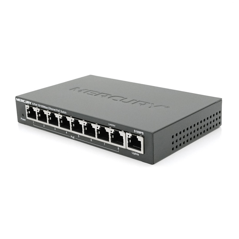 Коммутатор POE 48V Mercury S109PS 8 портов POE + 1 порт Ethernet (Uplink ) 10/100 Мбит/сек, БП в комплекте, BOX Q200 (258*196*66) 0,72 кг (158*99*25)