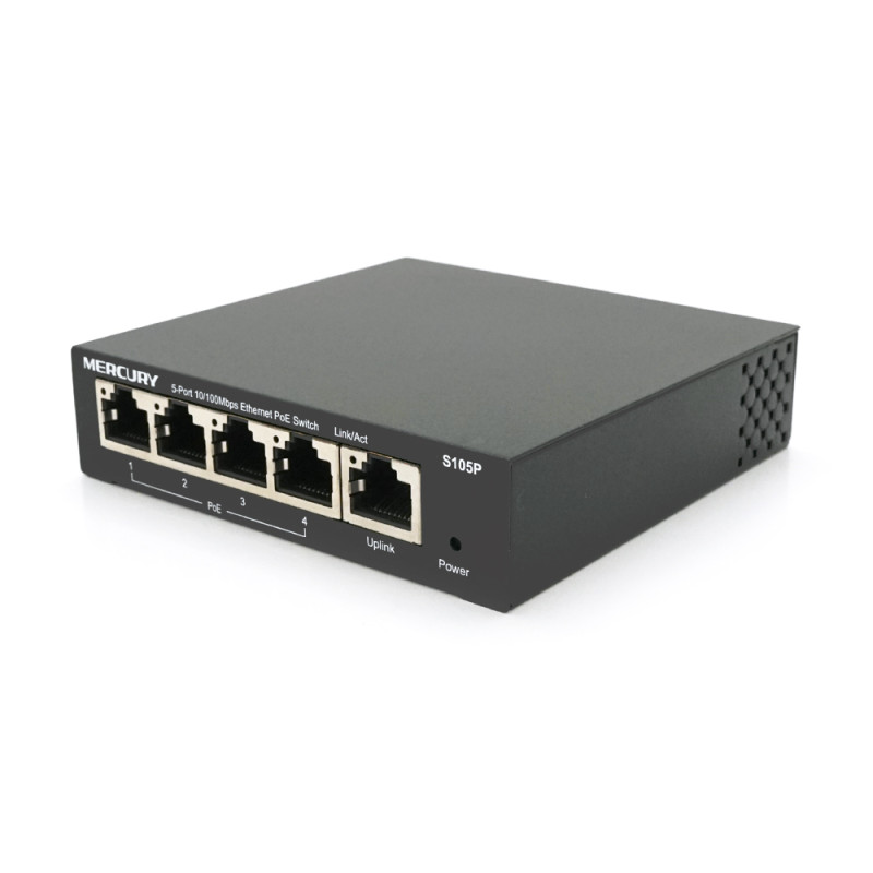 Комутатор POE 48V Mercury S105P 48V 5 портів Ethernet 10/100 Мбіт / сек, БП в комплекті, BOX Q200-