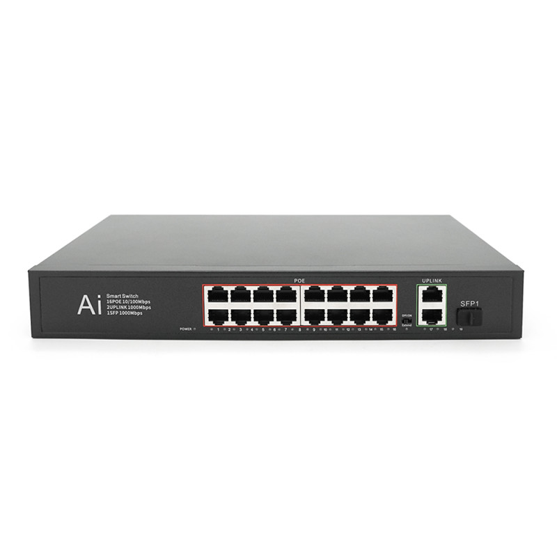 POE коммутатор Merlion 16 POE 10/100 + 1 Single Fiber Tx 1310nm 20km + 2 RJ45 10/100/1000+ встроенный блок питания 52V 4.8A