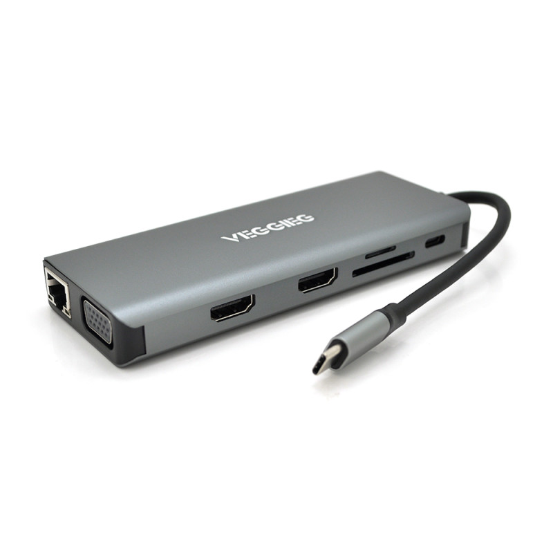 Хаб-конвертор VEGGIEG TC12 Type-C (тато) на Type-C (мама) + USB3.0*4(мама) + HDMI*2(мама) + VGA(мама) + SD/TF + RJ45, 10 см, Silver, Box-