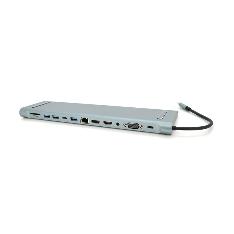 Хаб-конвертор 12 в 1 Type-C (папа) на Type-C(мама)+2*USB2.0(мама)+USB3.0(мама)+2*HDMI(мама)+VGA(мама)+SD/TF+RJ45+ jack3.5 (мама)+PD, 10cm, Silver, Box