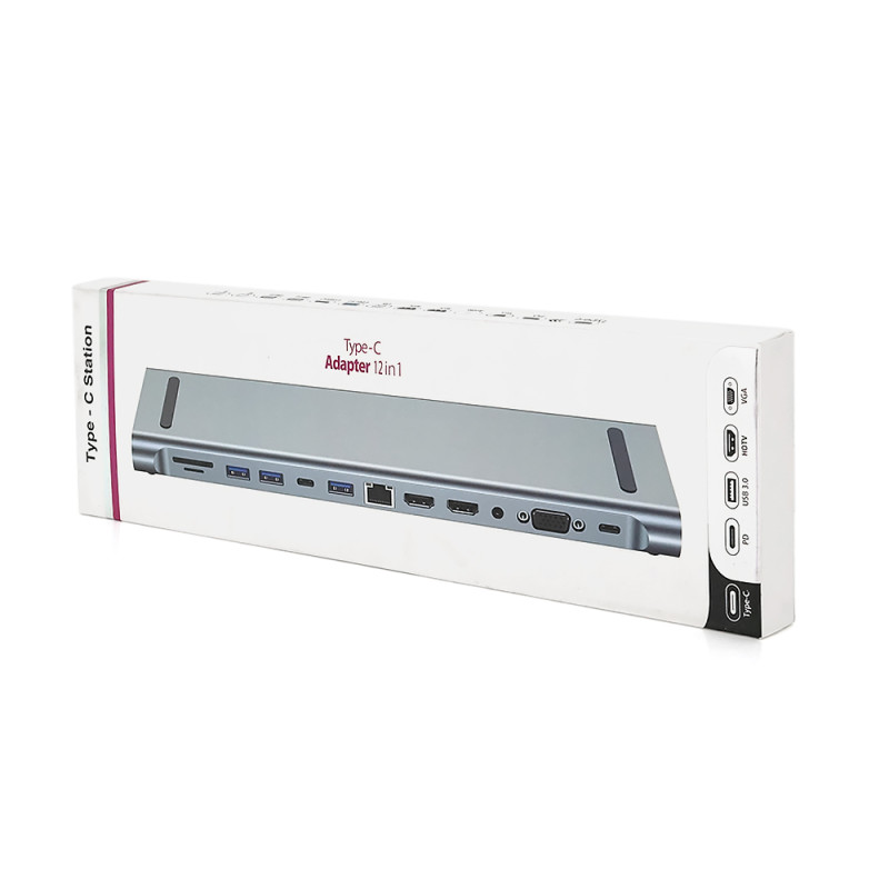 Хаб-конвертор 12 в 1 Type-C (папа) на Type-C(мама)+2*USB2.0(мама)+USB3.0(мама)+2*HDMI(мама)+VGA(мама)+SD/TF+RJ45+ jack3.5 (мама)+PD, 10cm, Silver, Box