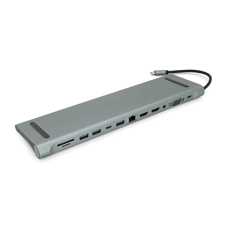 Хаб-конвертор 12 в 1 Type-C (папа) на Type-C(мама)+2*USB2.0(мама)+USB3.0(мама)+2*HDMI(мама)+VGA(мама)+SD/TF+RJ45+ jack3.5 (мама)+PD, 10cm, Silver, Box