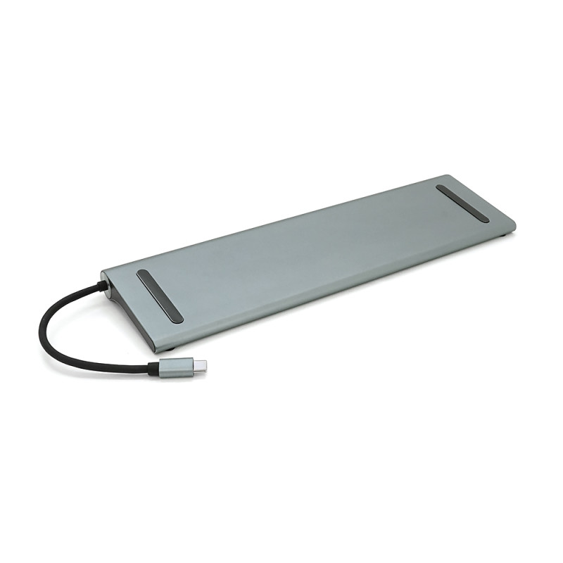 Хаб-конвертор 12 в 1 Type-C (папа) на Type-C(мама)+2*USB2.0(мама)+USB3.0(мама)+2*HDMI(мама)+VGA(мама)+SD/TF+RJ45+ jack3.5 (мама)+PD, 10cm, Silver, Box