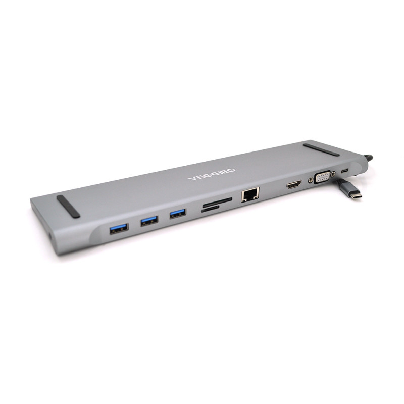 Хаб-конвертор VEGGIEG TC10 Type-C (тато) на Type-C (мама) + USB3.0 * 3 (мама) + HDMI (мама) + VGA (мама) + jack3.5 (мама) + SD / TF + RJ45, 10 см, Silver, Box-