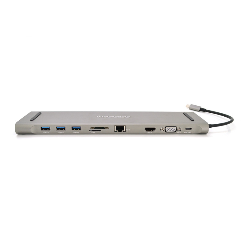 Хаб-конвертор VEGGIEG TC10 Type-C (тато) на Type-C (мама) + USB3.0 * 3 (мама) + HDMI (мама) + VGA (мама) + jack3.5 (мама) + SD / TF + RJ45, 10 см, Silver, Box-
