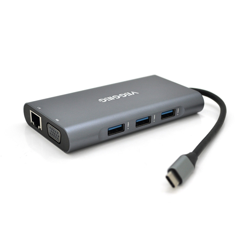 Хаб-конвертор VEGGIEG TC10-U Type-C (папа) на Type-C(мама) + USB3.0*3(мама) + HDMI(мама) + VGA(мама) + SD/TF + RJ45, 10 см, Silver, Box