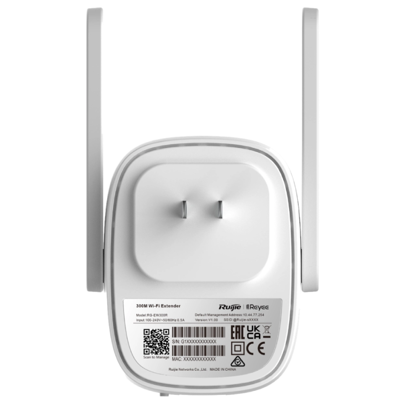 Беспроводной Wi-Fi репитер Ruijie Reyee RG-EW300R, 2.4 GHz , 300 Mbps, 92 x 70 x 38 мм