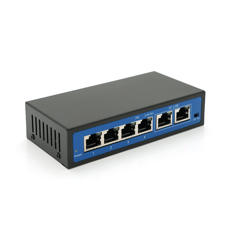 Коммутатор POE 48V с 4 портами POE 100Мбит + 2 порт Ethernet (UP-Link) 100Мбит, корпус - металл, Black, БП в комплекте, Q18