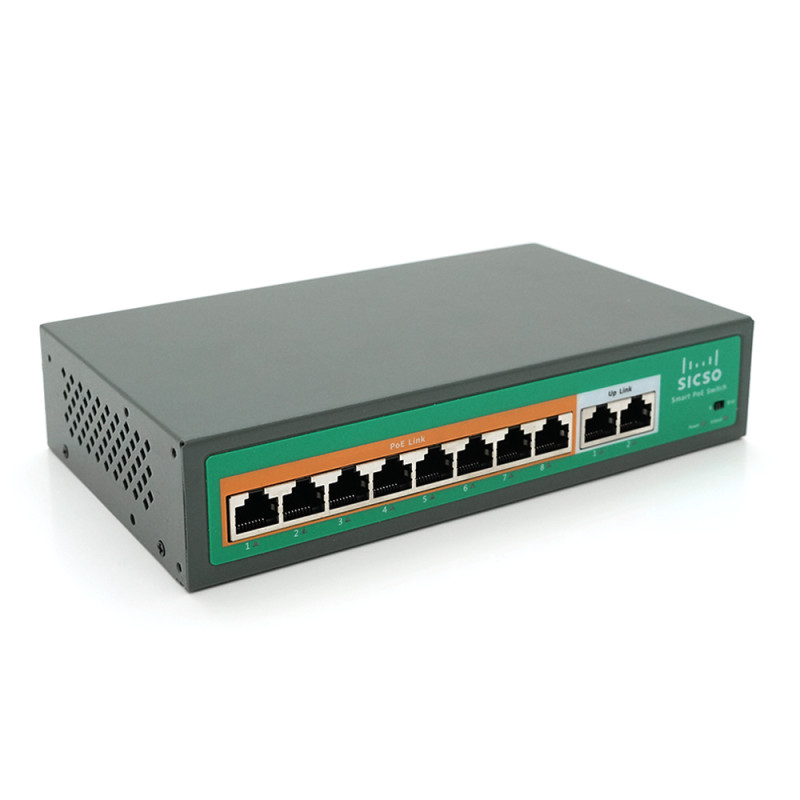 Комутатор POE SICSO 48V з 8 портами POE 100Мбіт + 2 порт Ethernet (UP-Link) 100Мбіт, з посил. сигн. до 250м, корпус-метал, Silver, БП вбудований, Q30-